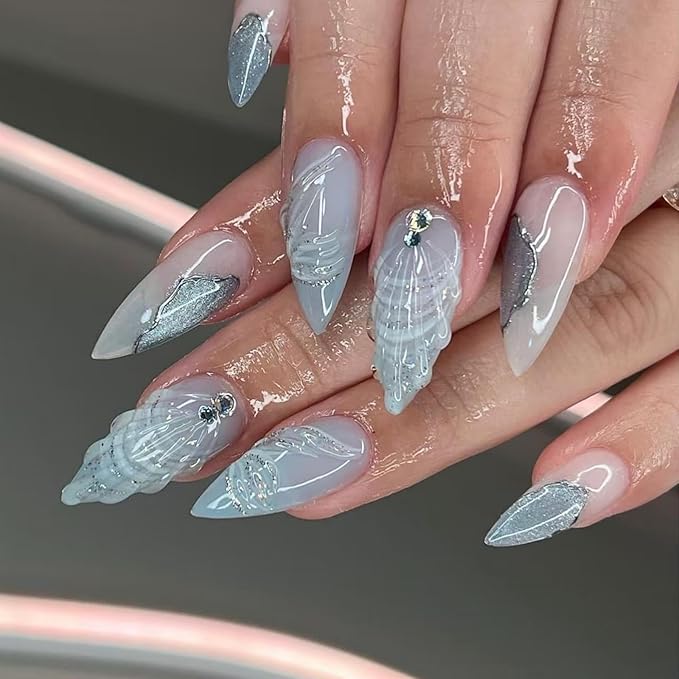Ocean Shell Press on Nails Light Blue Fake Nails Medium Almond False Nails with Rhinestone Design Glossy Glue on Nails Artificial Acrylic Nail Glitter Stick on Nails for Women Summer Manicure 24Pcs