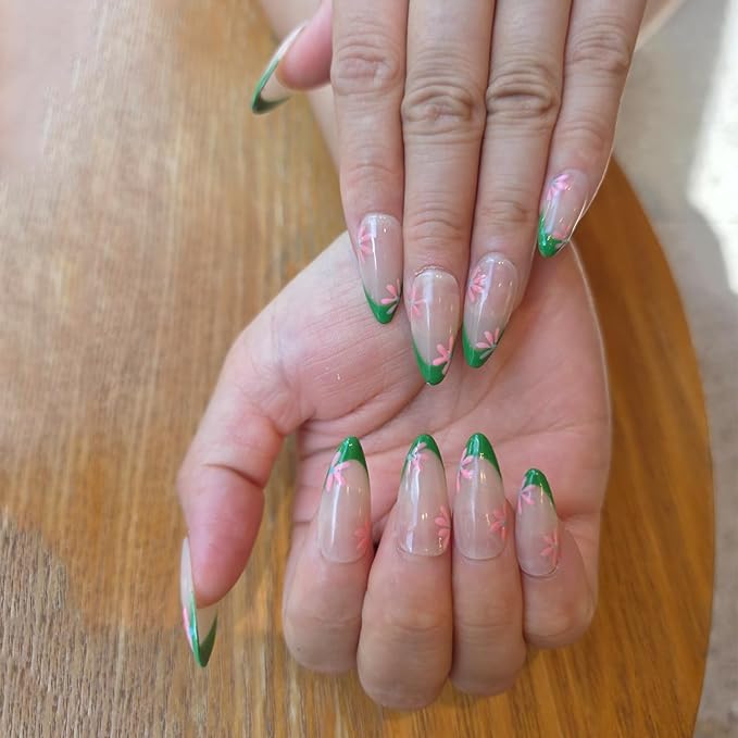 Green French Tip Floral Press On Nails - Handmade Medium Almond Nude Base Salon Quality- Reusable Gel Acrylic Full Set 10pcs - (Blooming Series, Size M)