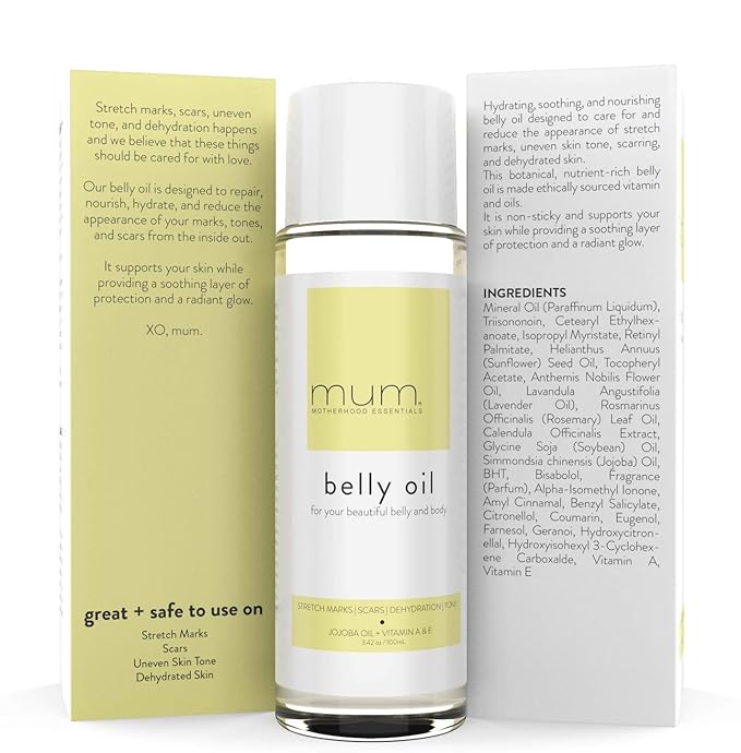 Mum. Motherhood Essentials® Premium Organic Belly Oil (3.42oz), Maternity Stretch Mark Oil,Prevent,Heal Remove Stretch Marks & Scars, Safe For Pregnancy