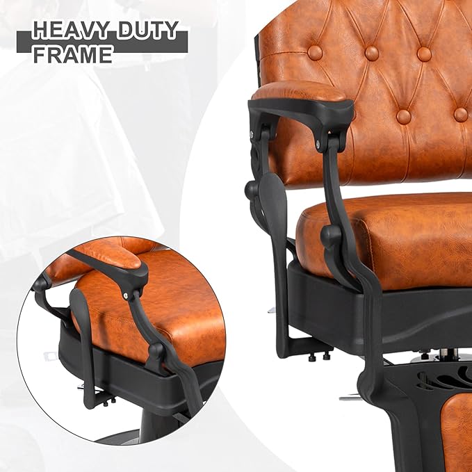 Winado Heavy Duty Vintage Recline Barber Chair Hydraulic with Headrest, Supports up to 700lbs & 360° Rotatable, Professional Salon Beauty Spa Shampoo Equipment (Brown - Square Backrest)