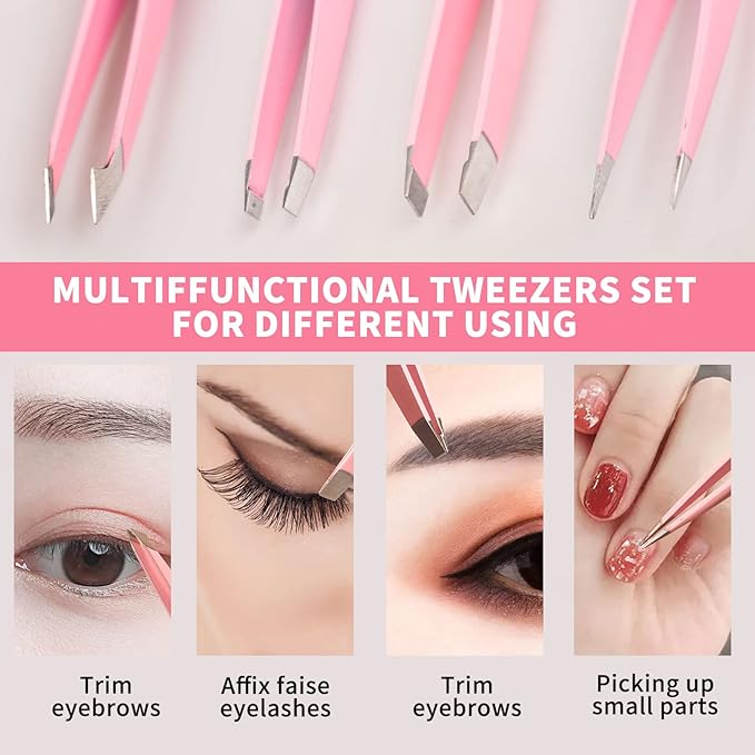 Tweezers for Women, 6 piece Pink Tweezers for Women Facial Hair, Precision Tweezers for Eyebrows, Hair Removal, Facial Hair, Ingrown Hair for Men