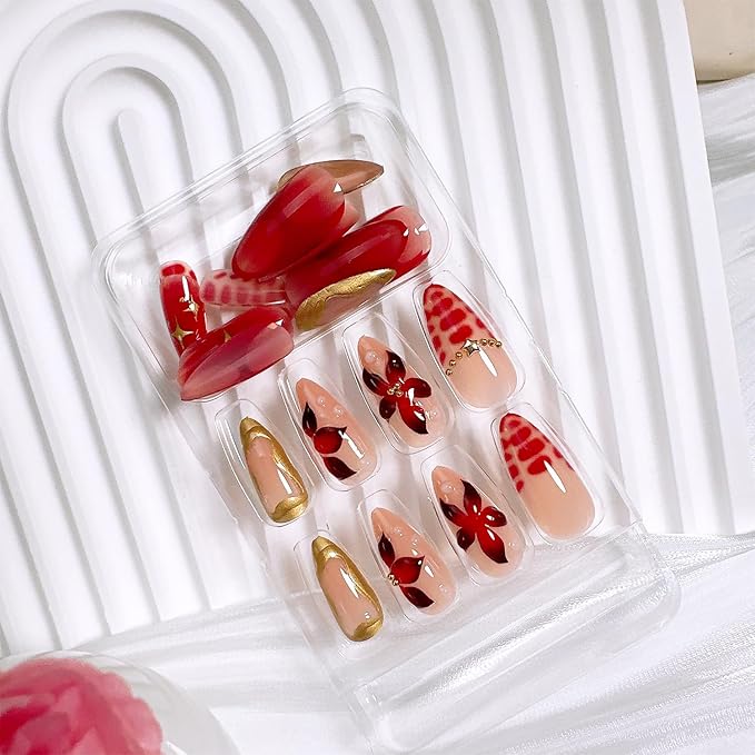 24 Pcs Red Flower Press on Nails Medium Almond Fake Nails with 3D Floral Gold Beads Designs French False Nails Red Acrylic Nail Tips Summer Flowers Full Cover Glue on Nails for Women Nail Decoration