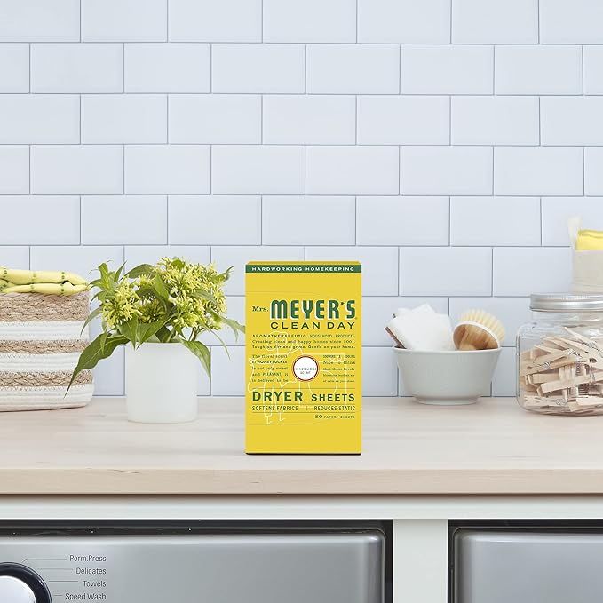 MRS. MEYER'S CLEAN DAY Dryer Sheets, Fabric Softener, Reduces Static, Infused with Essential Oils, Honeysuckle, 80 Count