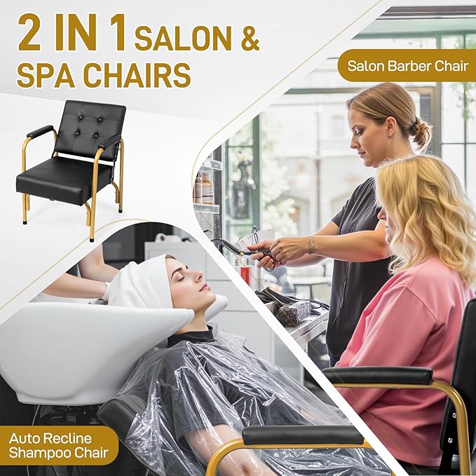 Winado Auto Recline Shampoo Chair, Portable Salon Barber Chair with Tilted Backrest, Heavy Duty Spa Beauty Equipment for Hair Stylists, Tattoo Artists, Cosmetologists, Gold