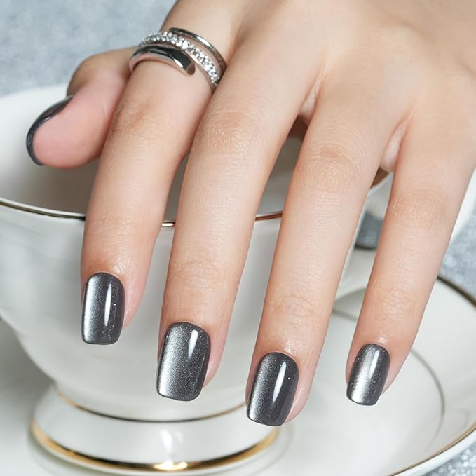 Cat Eye Press on Nails Short, Jofay Fashion Soft Gel Fake Nails, Gray Press on Nails, Reusable & Stylish Acrylic False Nails, Stick on Nails for Women Girls Gift, Glue on Nails Kit 32 Pcs