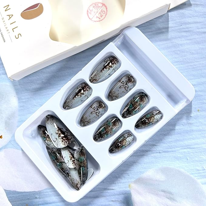 Almond Tip Press on Nails Medium Length Gold Ireegular Lines Pattern Design Full Cover Glossy Acrylic Fake Nail Press Ons Artificial Fingernails 24Pcs Reusable Glue on Nails for Women Manicure