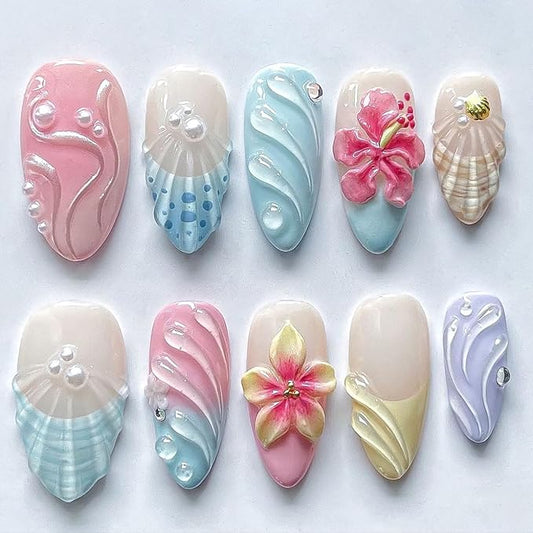 24Pcs Pink Flower Press on Nails Medium Almond Handmade Fake Nails with Gold Shell Pearl Design Blue French Tip False Nails Full Cover Artificial Glue on Nails Summer Beach Stick on Nails for Women