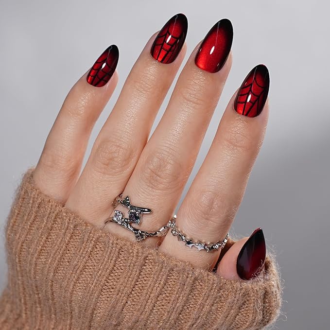 Red Press on Nails, Short Press on Nails Almond Reusable Glossy Cat Eye Nails Soft Gel False Nails Web Press ons for Women, 16 Sizes 32 Count Nails Kit with Glue (SV-10)