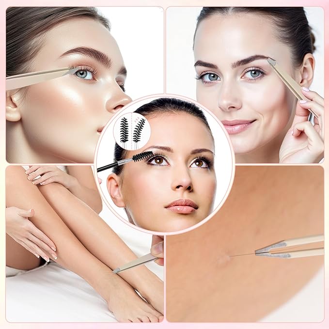 6 PCS Tweezers Set for Women, Eyebrow Tweezers Set with Curved Scissor for Ingrown Hair, Plucking Daily Beauty Tool with Leather Travel Case for Gifts (Gradient Pink)