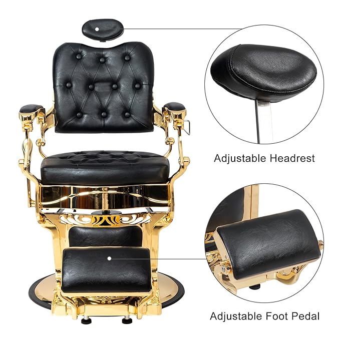 Winado Heavy Duty Vintage Recline Barber Chair Hydraulic with Headrest, Supports up to 700lbs & 360° Rotatable, Professional Salon Beauty Spa Shampoo Equipment (Gold - Square Backrest)