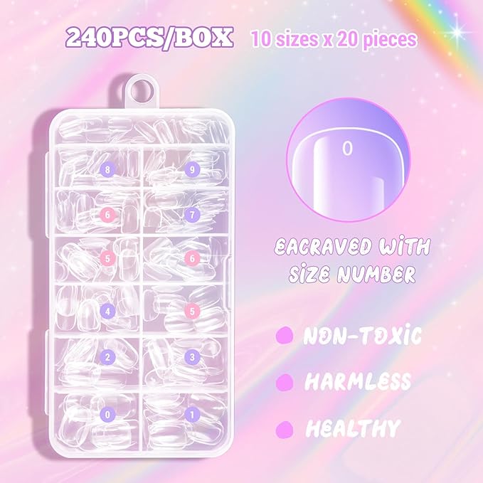 krofaue Kids Fake Nails - Short Oval Clear Nail Tips 240pcs Kids Press On Nails for Little Girls Full Cover Children Fake Nails Decoration 10 Sizes Artificial Acrylic Soft Gel Nail Tips