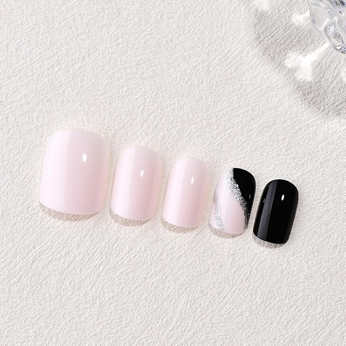 Press on Nails Short Square, Light Pink Fake Nails Kit with Obsidian Line Designs, Glossy Acrylic Press on Nails, Thick Reusable Glue on Nails Short Press on Nails for Women, Obsidian Line