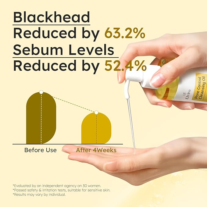 Elvira Pure Cleansing Oil, Makeup Remover & Blackheads Pore Cleanser, Jojoba Oil Cleanser for Face, Korean Skin Care, Plant-based, for Sensitive Skin, Hydrating, Fragrance-Free