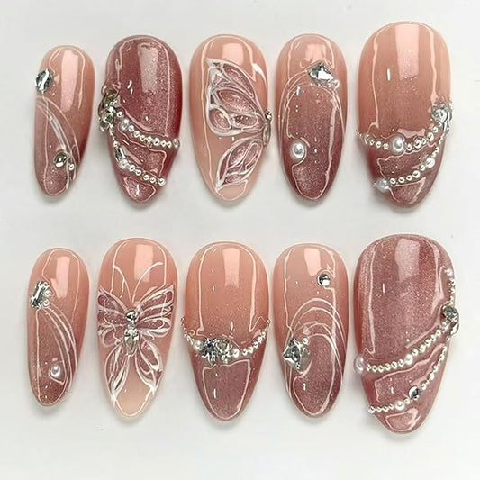 30Pcs Gradient Press on Nails Medium Almond Fake Nails 3DRhinestones Jewelry Glitter Design Y2K Butterfly Line Pearl Full Cover Stick on Nails Cute False Nails for Women Acrylic Nails