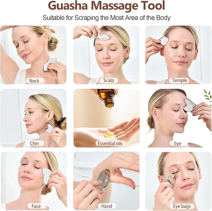 2 Pcs Stainless Steel Gua Sha Facial Tools Set, Guasha Tool for Face and Body Skin Massage, Facial Scraping Tools for Jaw Lift Massager, Puffiness Reduction, Lymphatic Drainage & Skin Tightening, Gift