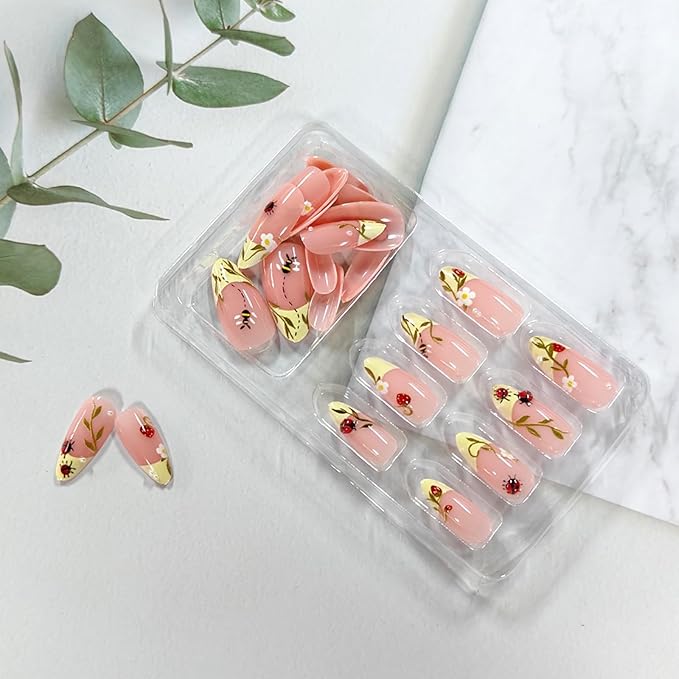 French Tip Press on Nails Medium Almond Fake Nails with 3D Ladybug Designs Cute Flower Leaf Acrylic False Nails Summer Glue on Nail Reusable Full Cover Stick on Nail for Women 24Pcs