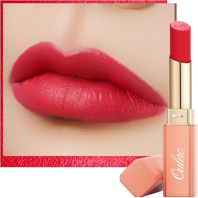 Oulac Coral Red Creamy Matte Lipstick, Soft Satin Finish Lipsticks for Women with Moisturising Formula, Rich Color, Highly Pigmented Enriched with Rose Oil, Vegan & Cruelty-Free| 3.6g (Y02)