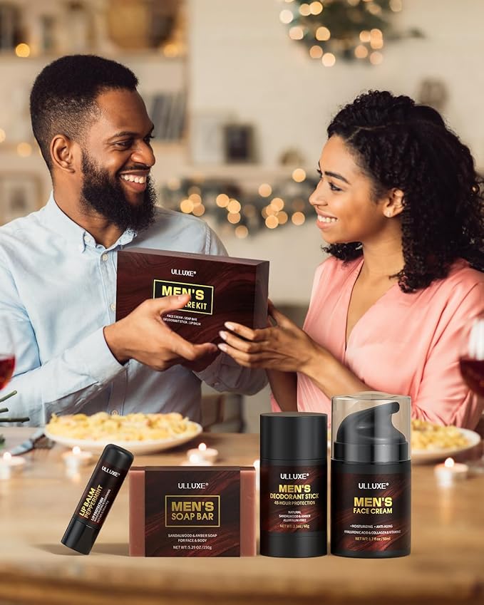 Skin Care Kit for Men, Face Skincare, Lip Care & Body Care for Men, Mens Skincare Set with Face Cream, Lip Balm, Deodorant Stick & Bath Soap, Gifts for Mens Birthday, Husband Dad Gift