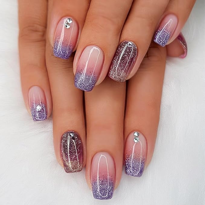 Purple Ombre French Tip Press on Nails Short Coffin Fake Nails with Rhinestones Design Glitter Acrylic Nails Press ons Cute Gradient Glue Stick on Nails for Women 24 Pcs