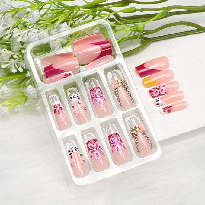 Pink French Tip Press on Nails Medium Square Fake Nails with 3D Flower Rhinestones Designs White Nails Press ons Spring Acrylic Nails for Women 24Pcs