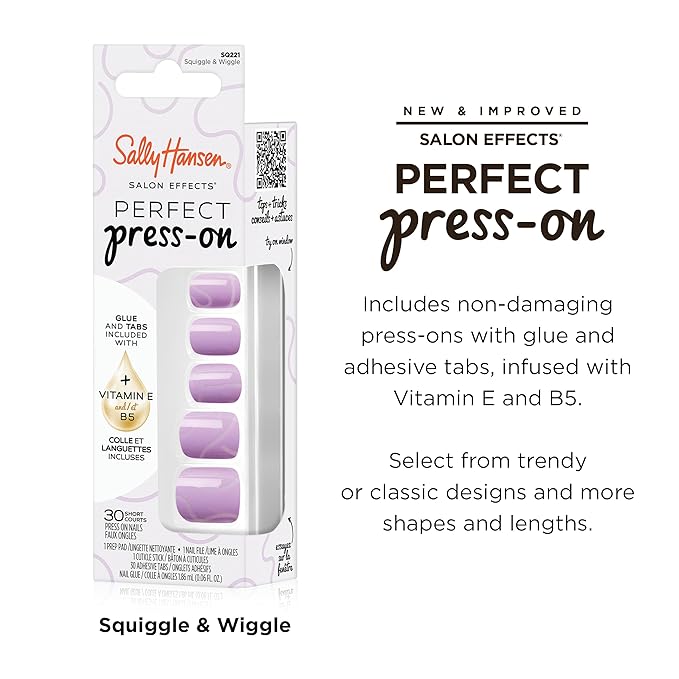 Sally Hansen Salon Effects Perfect Press-On Nails | Square Shape | Easy to Apply, Non-Damaging | 30 Nails, Nail Glue, Adhesive Tabs, File | Squiggle & Wiggle
