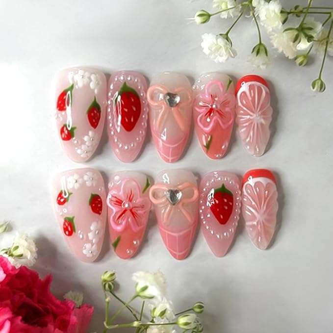 24Pcs Strawberry Press on Nails Medium Almond Fake Nails with 3D Pearl Designs Pink French Tip Acrylic Nail Cute Flower Bow False Nail Summer Glue on Nails for Women DIY Manicure