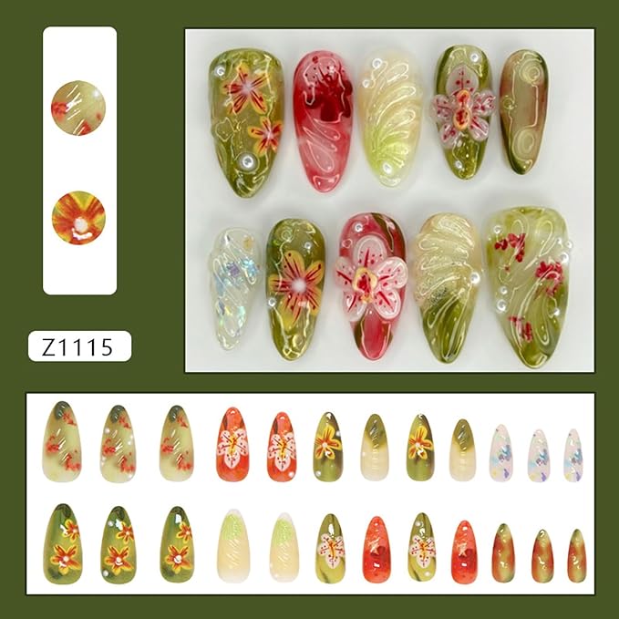 24pcs Flower Press on Nails Almond False Nail Green Nails Tips with Flower Pearl Design False Nail Art Medium Press on acrylic Nails Cute Stick on Nails Manicure Handmade Fake Nail for Women