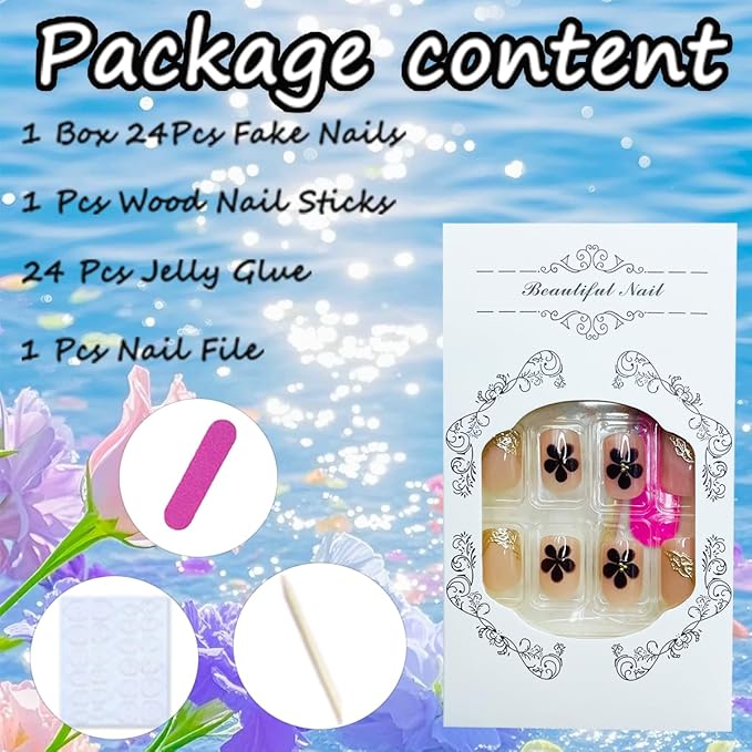 24Pcs Chrome Gold French Tip Press on Nails Short Square Fake Nails with 3D Leopard Print Flower Design Glossy Gilding Acrylic Nails Glue on Nails Coffin Nail Tips Full Cover False Nails for Women