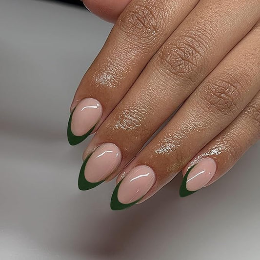 30Pcs Dark Green French Tip Press on Nails Short Almond Nails Press ons, Short Fake Nails Almond Shaped Acrylic French Glue on Nails False Nail for Women, Natural Stiletto Nail 15 Sizes
