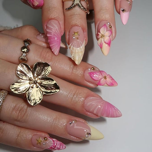 24Pcs Pink Flower Press on Nails Medium Almond French Tip Fake Nails 3D Summer Floral with Gold Starfish Press Ons Cute Stick on Nails Ocean Beach False Nails Glue on Nails for Women Acrylic Nails
