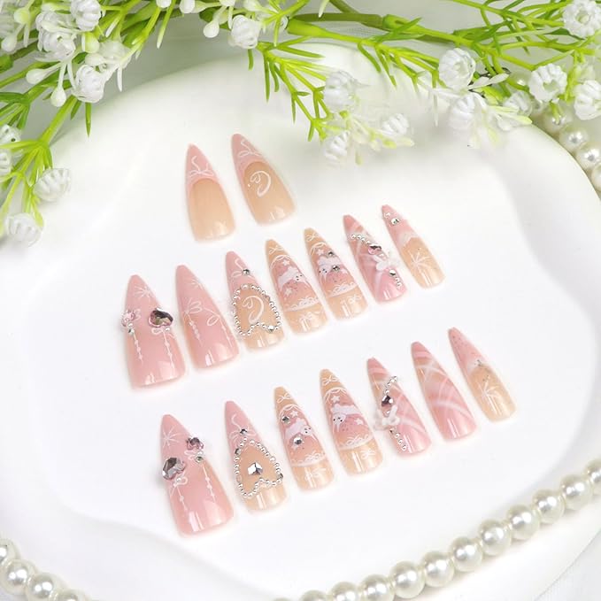 Cute Press on Nails Long Almond Fake Nails with Heart Pearl Bow Rhinestones Designs French Tip Nails Press ons Pink False Nails for Women 24Pcs
