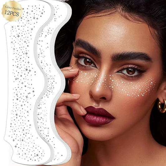 12 Sheets Silver Glitter Freckles Face Tattoo, Face Glitter Makeup Patches, Glow Up Freckle Makeup Patches Cosmetic Glitter for Face