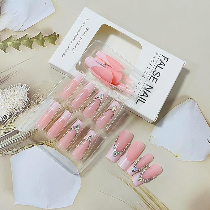 24Pcs Long Press on Nails Coffin French Tip Fake Nails with Rhinestone Bling Design Coffin Shaped Full Cover White Nails Tips Acrylic Nails Glossy Glue on Nails Artificial French False Nails for Women