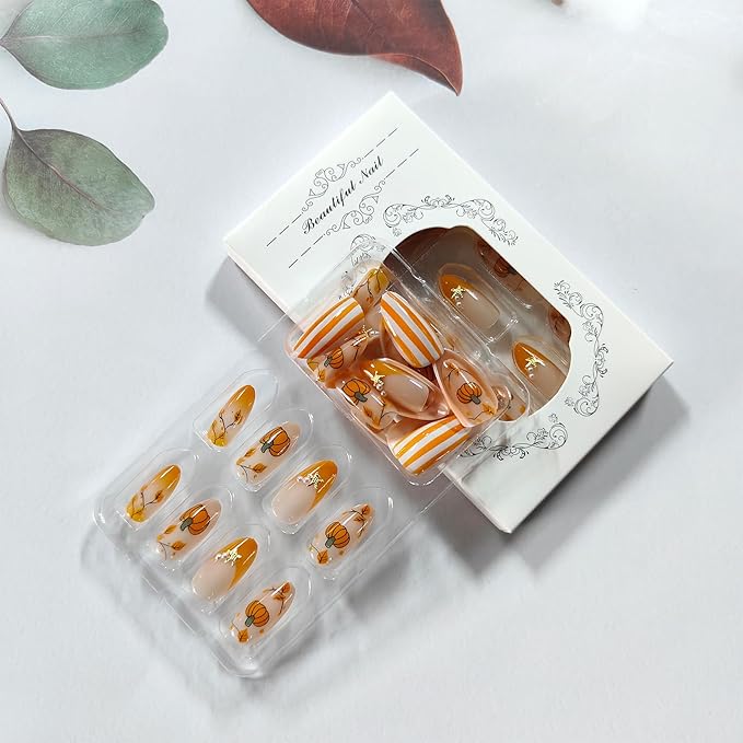 30Pcs Thanksgiving Press on Nails Medium Almond Fake Nails with Cute Pumpkin Design Fall French Nails Orange Stripes Autumn Leaves False Nail Pearl Star Artificial Glue on Nail for Women