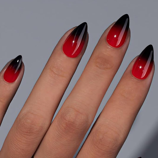 KQueenest Christmas Press On Nails Almond, Ombre Red Black Press On Nails Short Stiletto, Dark French Fake Nails With Glue, Gradient Glue on Nails Design, Reusable Stick on Nail for Women, 30 Pcs
