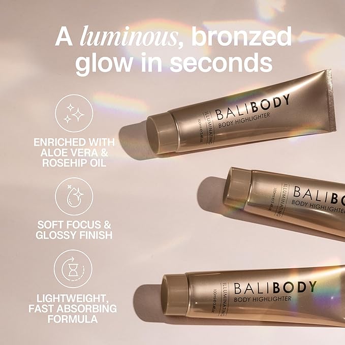 Bali Body Body Highlighter | Shimmering Luminizer, Hydrating Light Reflecting Technology | Flawless Finish for All Skin Types | Vegan, Cruelty Free, Australian Made (100 ml/3.4 fl oz)