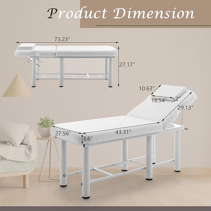 Massage Bed Stationary Professional Adjustable Massage Table Spa Bed 73"x27.5" Stationary Physical Therapy Table with Memory Foam Salon Bed w/Removable Headrest White