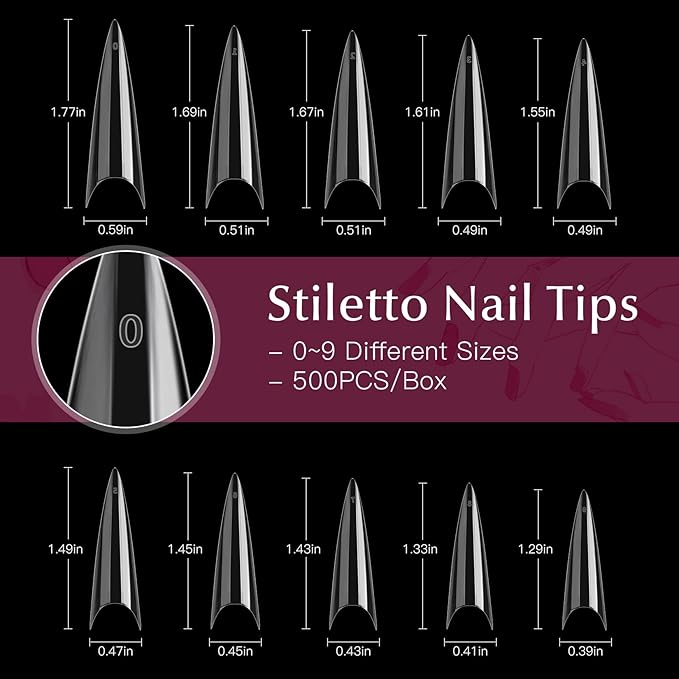 krofaue Extra Long Stiletto Nail Tips - 500PCS False Clear Nais with 10 Sizes Half Cover Pointed Press On Artificial Acrylic for Salon DIY, XL