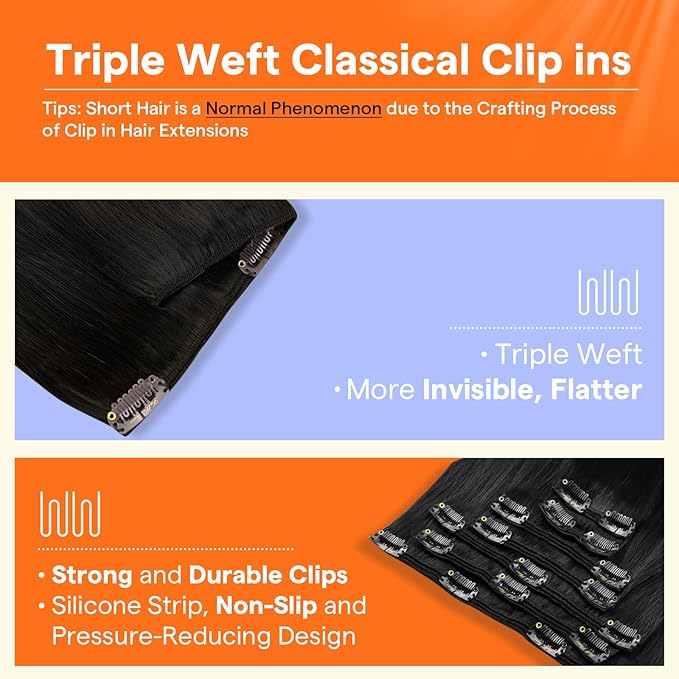 Full Shine Black Clip in Hair Extensions Real Human Hair Jet Black Hair Extensions Human Hair Clip ins Triple Weft Clip in Extensions for Women Straight Natural Hair 7 Pcs 18 Inch