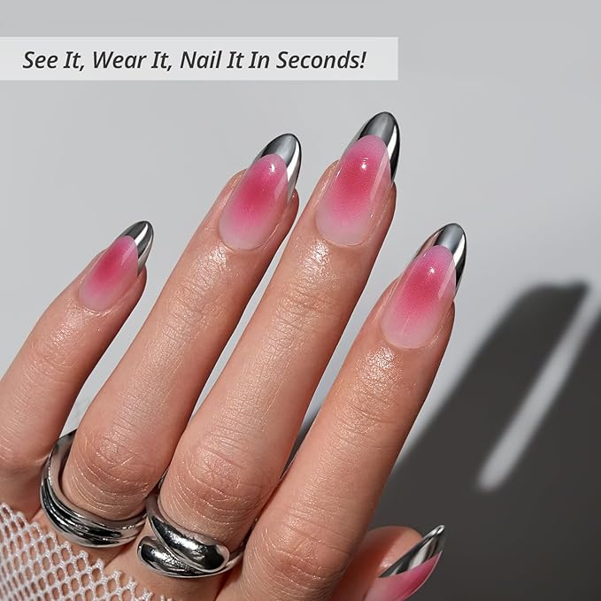 BTArtbox French Tip Press On Nails - Lamp-Curable Blush Pink Almond Press On Nails with Glue for Women, Silver Outline Soft Gel Glue On Nails in 15 Sizes - 30 Stick On Nails Kit, Lolita Razor