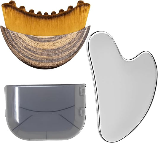 Stainless Steel Gua Sha Tool & Lymphatic Drainage Face Brush Set, TWPER Facial Massage Kit for Jawline Sculpting Puffiness Lifting Relaxation, Contour Face Brush with Storage Case