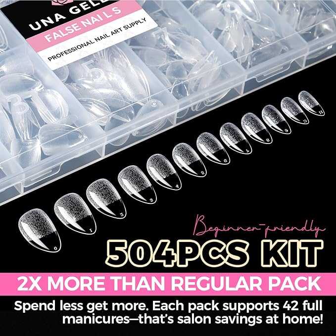 UNA GELLA Short Almond Nail Tips: 504PCS Short Fake Nails Soft Press On Gel Nail Tips Pre Shaped Almond Shape Home Nail Extension Full Cover, 12 Sizes Acrylic Gelly Tips