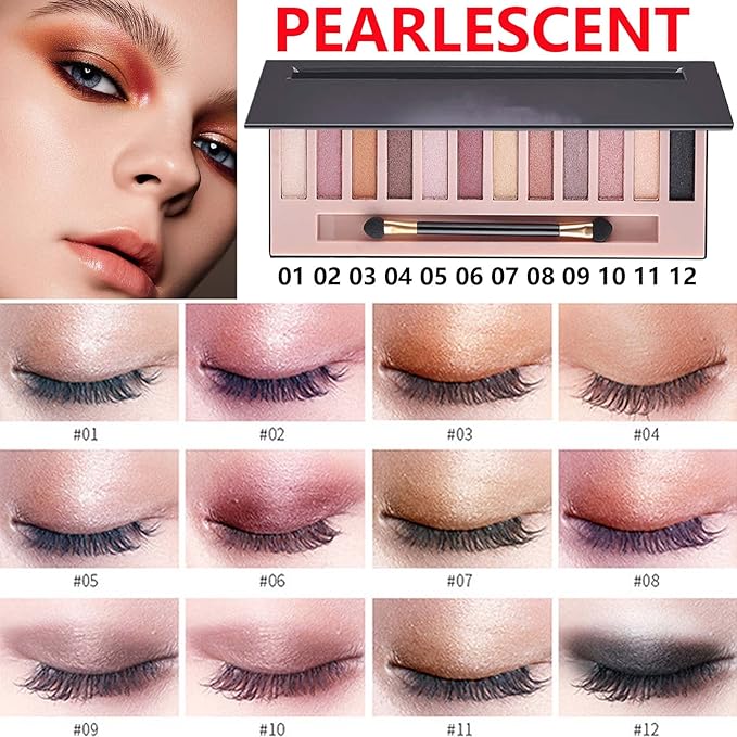 12 Colors Naked Eyeshadow Palette,Shimmer Glitter Eye Shadow Palette Makeup Natural Highly Pigmented Smokey Eyeshadow Palettes,Long-lasting Makeup Pallets for Women(Shimmer)