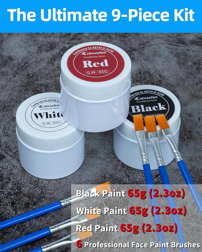 3 Colors Oil Based Face Body Paint Set with 6 Brushes, White Black Red Clown Makeup Kit for Halloween Goth Pennywise Joker Devil Zombie Vampire Skeleton SFX Cosplay Stage, Non Toxic for Kids & Adults