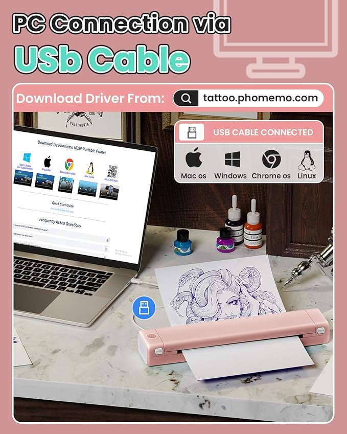 Phomemo M08F Bluetooth Tattoo Stencil Printer, Thermal Stencil Printer with 10pcs Transfer Paper, Tattoo Transfer Machine for Artists & Beginners, Compatible with Phone, Tablet & PC