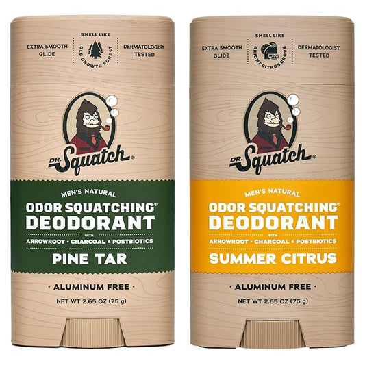 Dr. Squatch Natural Deodorant for Men - Odor-Squatching Aluminum Free - Pine Tar & Summer Citrus (2.65 oz, 2-Pack)