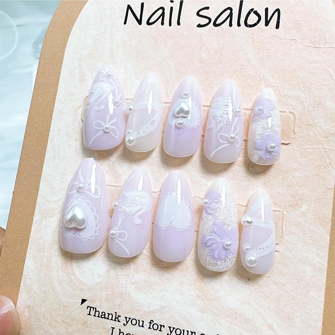 24pcs Flower Press on Nails Medium Almond Fake Nails with 3D White Swan Pearl Designs Cute False Nails Bow Heart Glue on Nails Full Cover Acrylic Nails Stick on Nails for Women Nail Decoration