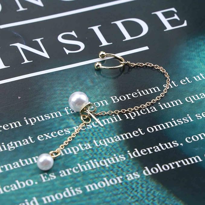 Vintage Pearl Cuff Chain Earrings Gold Chain Ear Cuffs Dangle Chain Cartilage Earrings Pearl Studs Earrings Cartilage Helix Earrings Helix to Lobe chain earrings Jewelry for Women and Girls (Gold B)