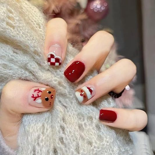 Christmas Press on Nails Short Square False Nails with Cute Elk Santa Claus Design Red Glossy Glue on Nails Full Cover Removable Artificial Stick on Nails for Women 24 Pcs