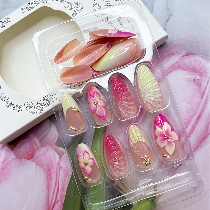 24Pcs Medium Press on Nails Almond French Tip Fake Nails Pink Hawaii Flower Acrylic Nails with Gold Rhinestones Design Summer Glue on Nails Full Cover Artificial False Nails Tips for Women Manicure